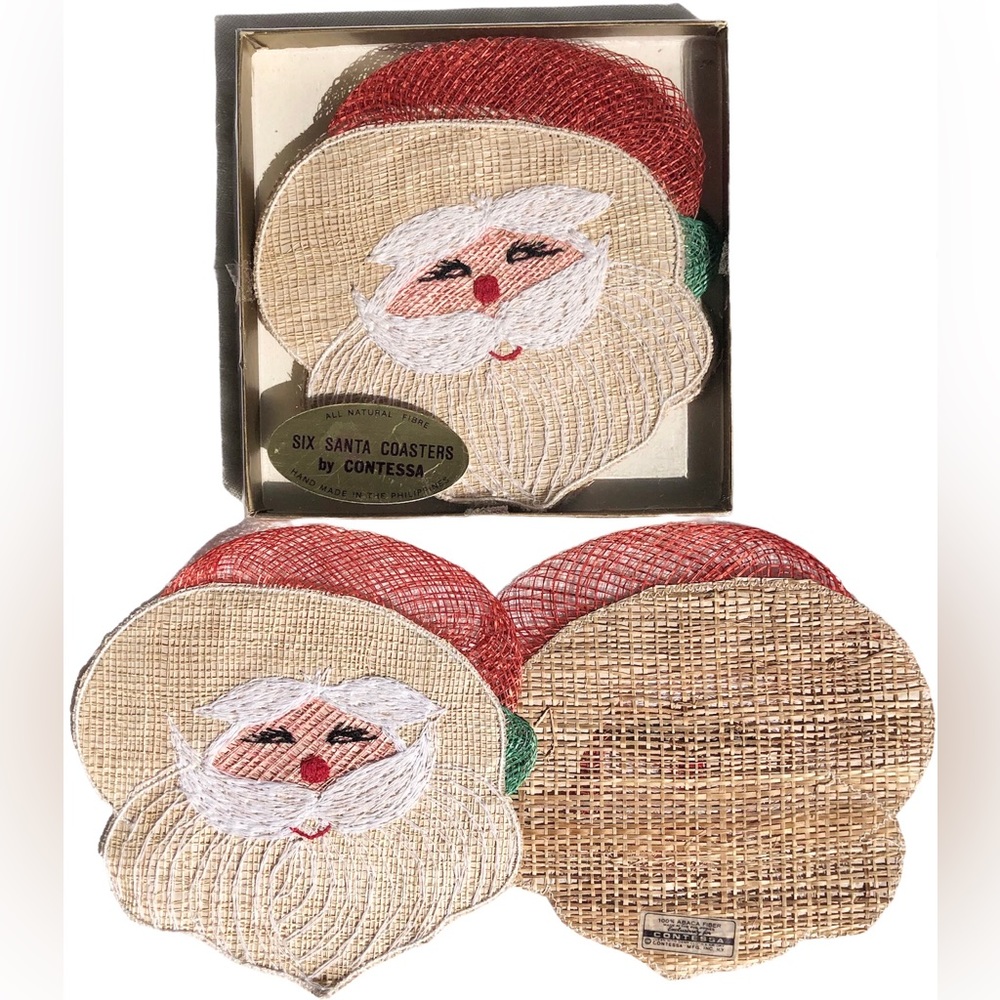 NWT Vintage Christmas 6 Piece Jute Fiber Holiday Santa Set Coasters Unique